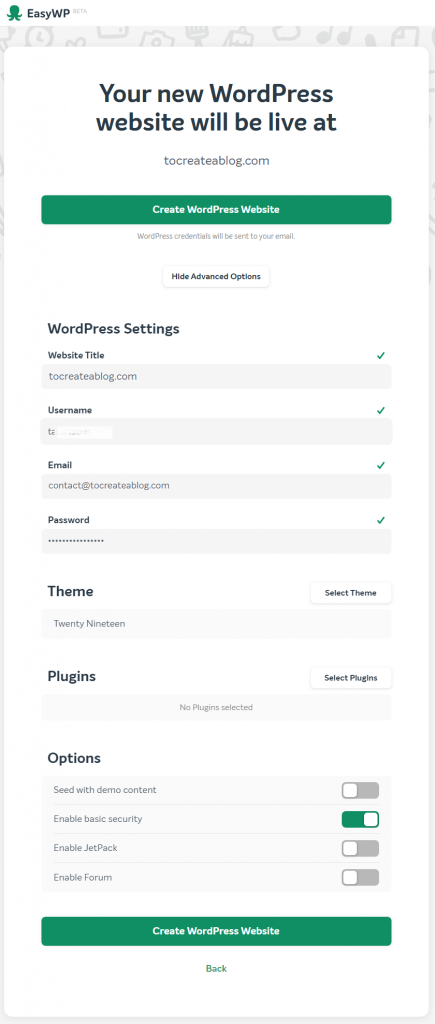 Setting up WordPress at EasyWP