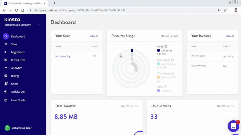 Kinsta Dashboard for blog and user management 