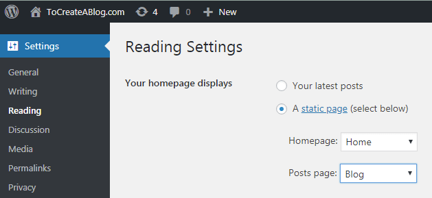 WordPress static front page settings