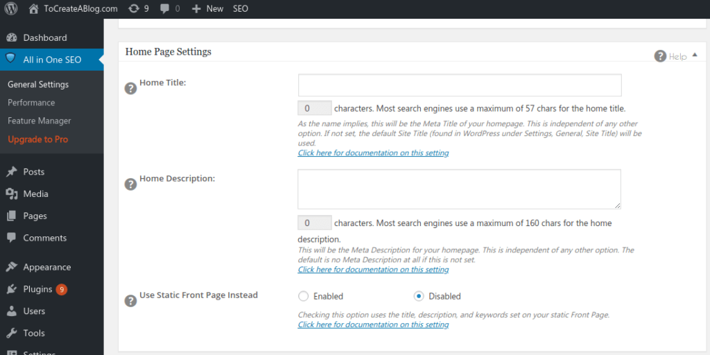 all in one seo pack WordPress Home page Meta description settings