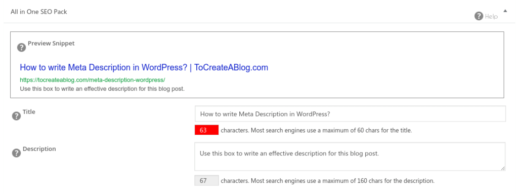 all in one SEO pack WordPress Meta description settings